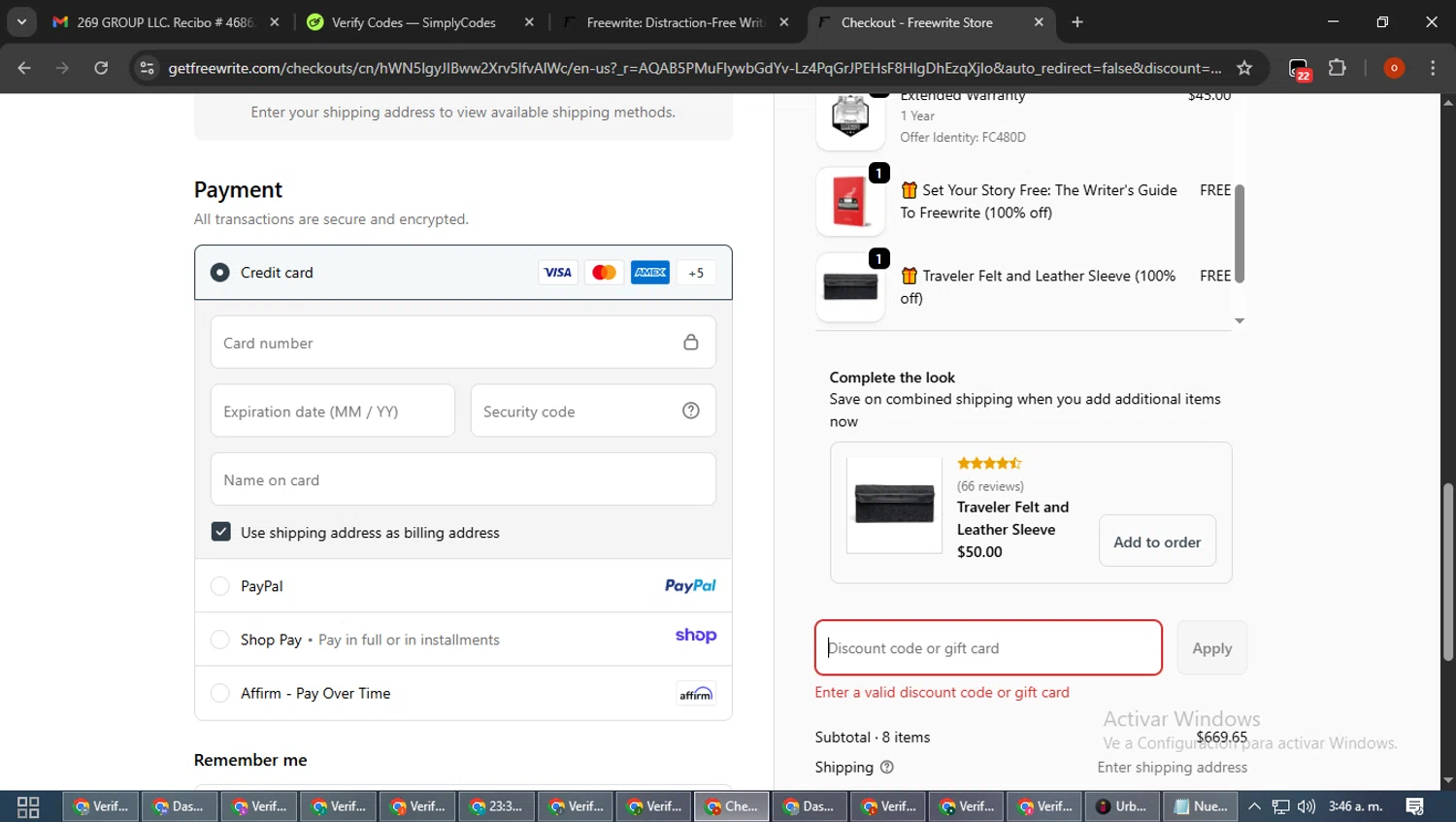 Freewrite Store promo code screenshot showing code WELCOME-SLEEVE24 applied at Freewrite Store checkout page. Uploaded by SimplyCodes community member WiseTracker2171 on Nov 27, 2025