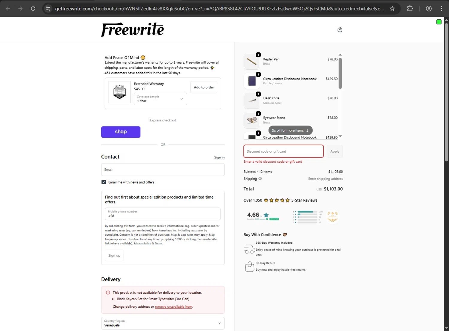 Freewrite Store promo code screenshot showing code WELCOME-SLEEVE24 applied at Freewrite Store checkout page. Uploaded by SimplyCodes community member jickselyspolanco on Nov 27, 2025