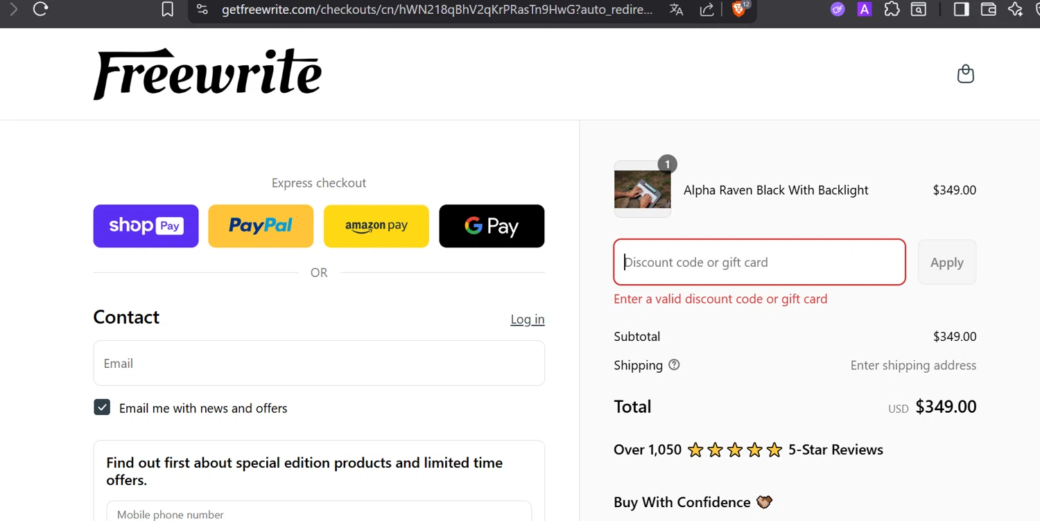 Freewrite Store promo code screenshot showing code BACKTOSCHOOL15 applied at Freewrite Store checkout page. Uploaded by SimplyCodes community member DiaCritics on Aug 20, 2025