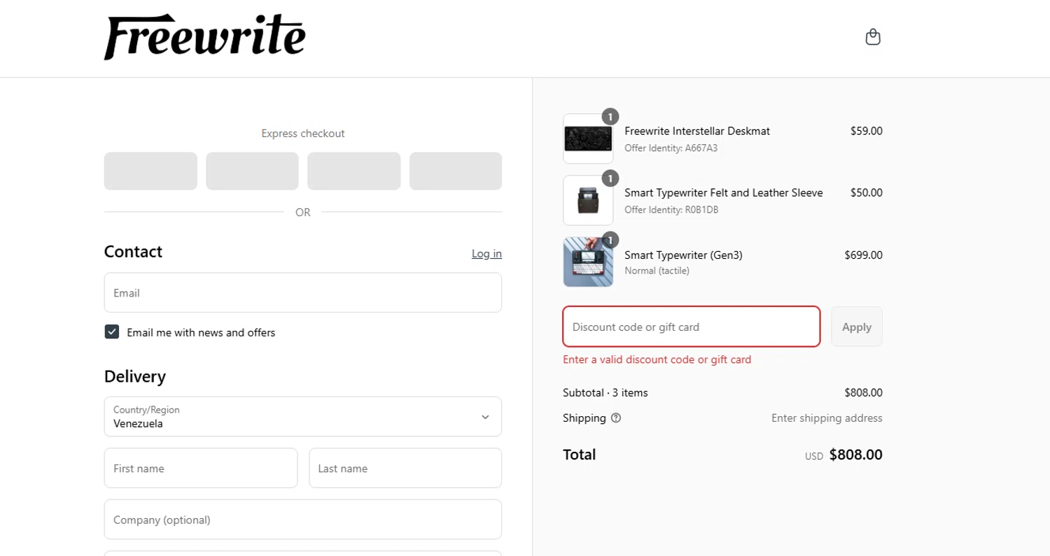 Freewrite Store promo code screenshot showing code BACKTOSCHOOL15 applied at Freewrite Store checkout page. Uploaded by SimplyCodes community member Frafid on Aug 20, 2025