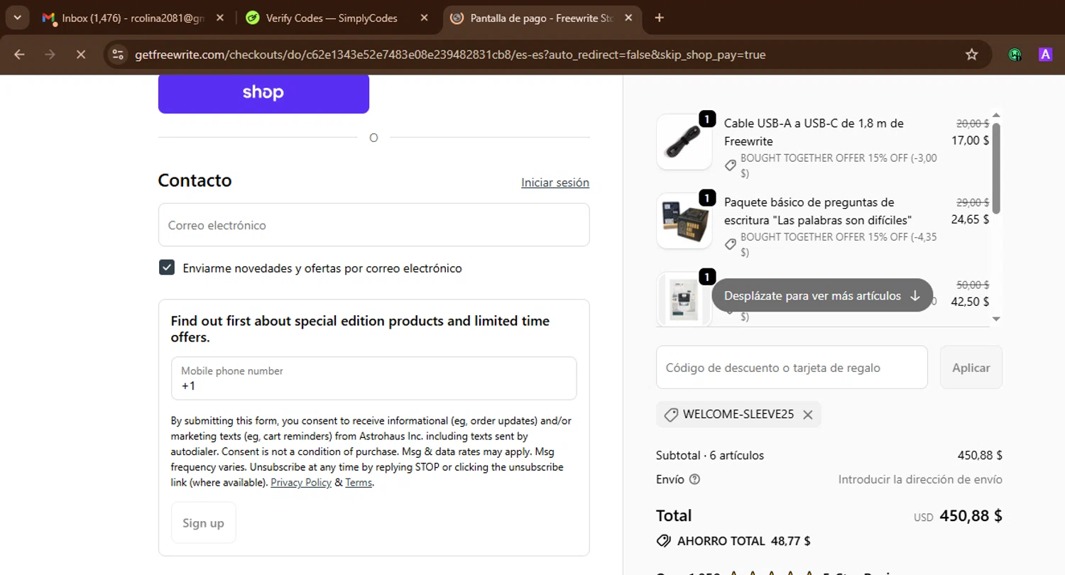 Freewrite Store promo code screenshot showing code WELCOME-SLEEVE25 applied at Freewrite Store checkout page. Uploaded by SimplyCodes community member SnoopDogg on Dec 7, 2025