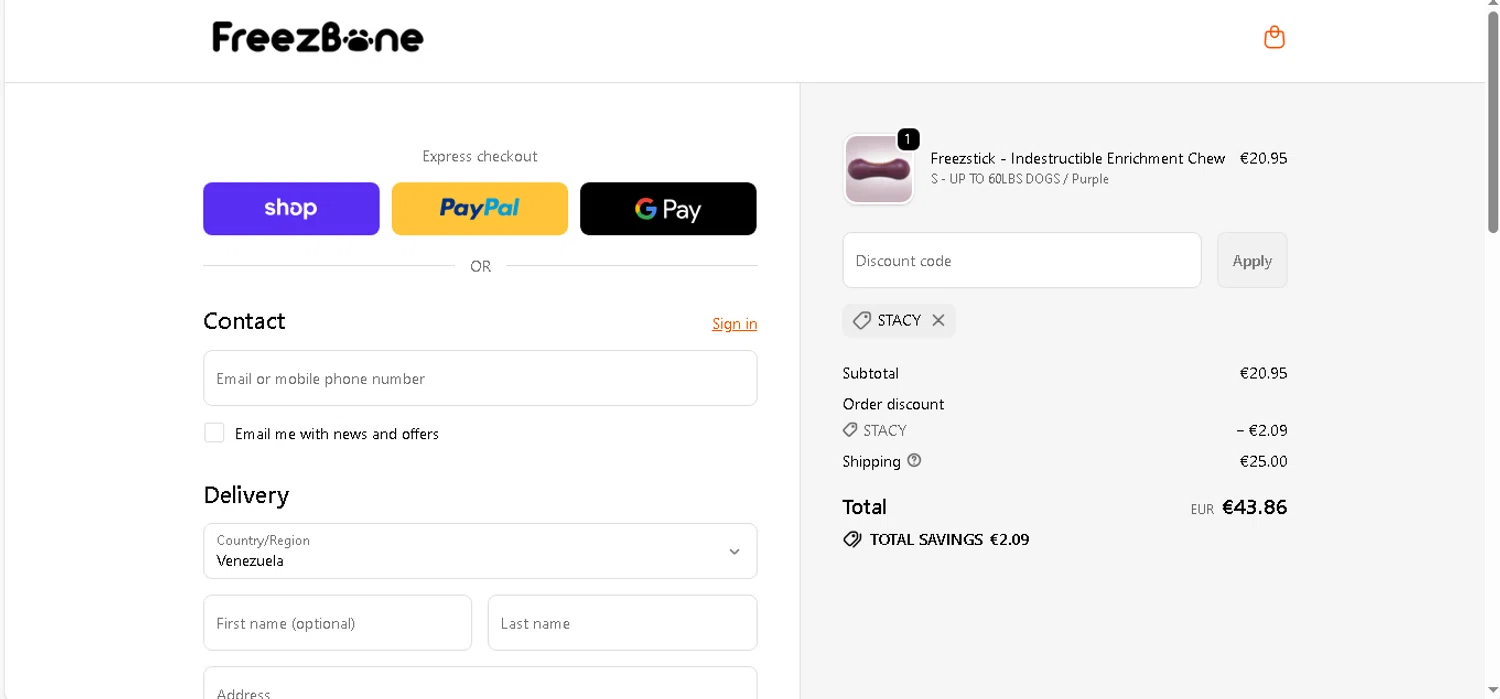 Freezbone discount code screenshot showing code STACY applied at Freezbone checkout page. Uploaded by SimplyCodes community member shark12 on Dec 22, 2025