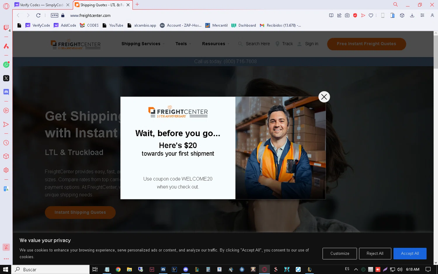 FreightCenter checkout page showing FreightCenter coupon code box | Screenshot taken by SimplyCodes community member on Mar 16, 2024