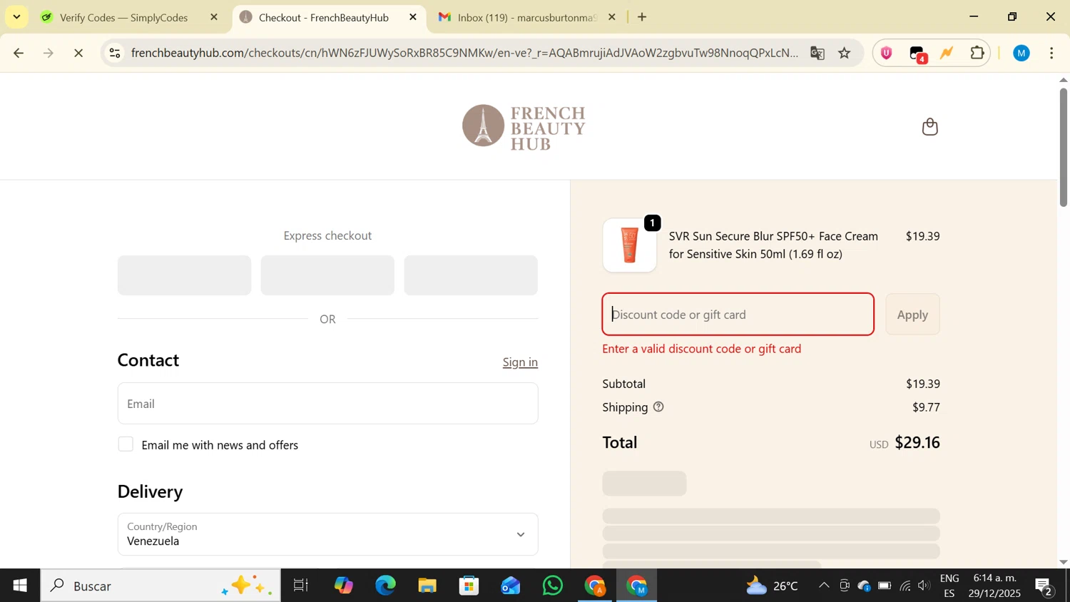 French Beauty Hub discount code screenshot showing code WELCOME5 applied at French Beauty Hub checkout page. Uploaded by SimplyCodes community member LegendaryAce4371 on Dec 29, 2025