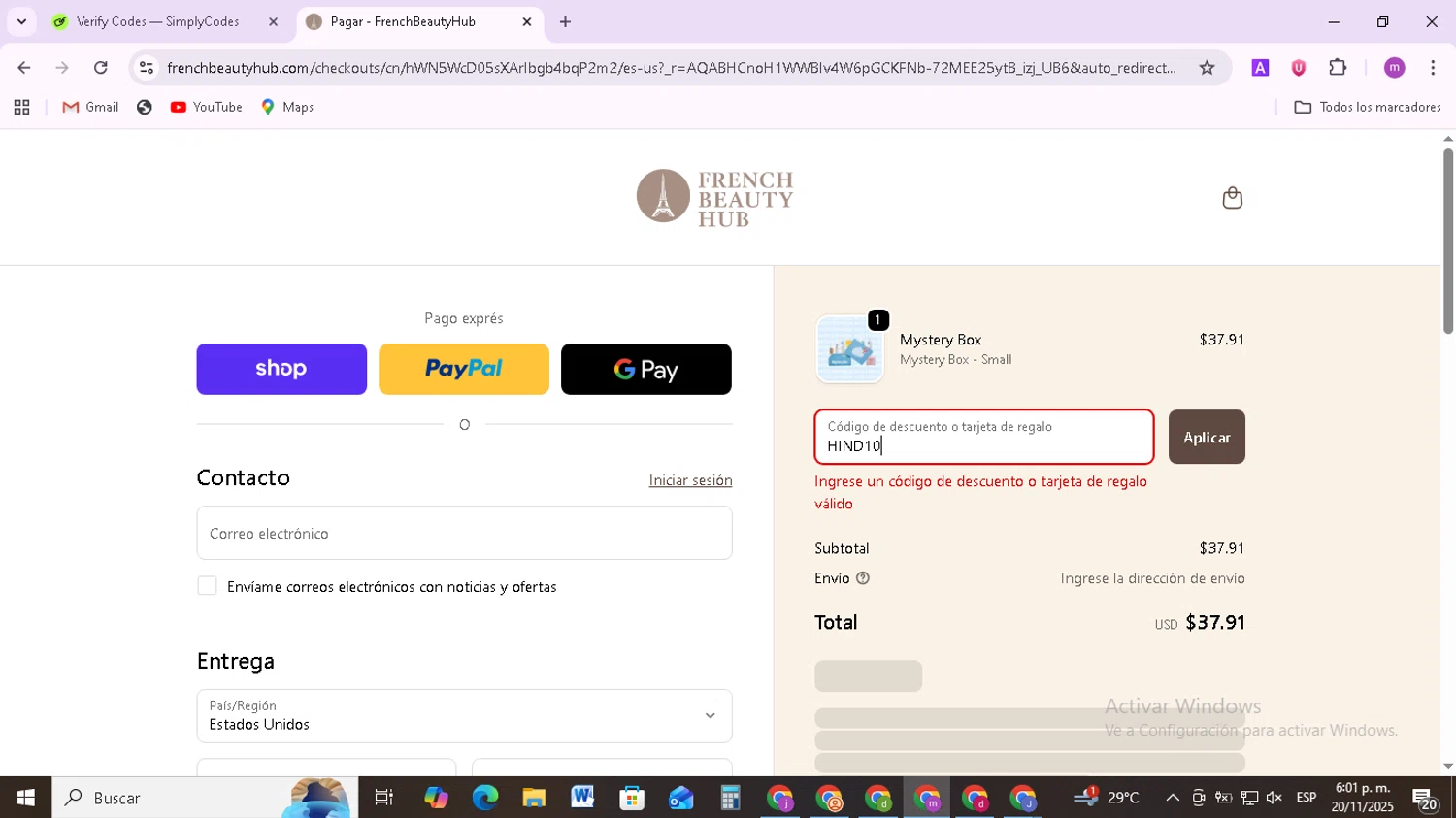 French Beauty Hub discount code screenshot showing code HIND10 applied at French Beauty Hub checkout page. Uploaded by SimplyCodes community member BudgetMonarch8952 on Nov 20, 2025