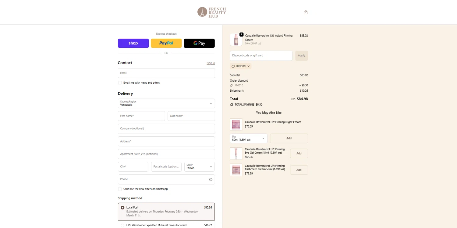 French Beauty Hub discount code screenshot showing code HIND10 applied at French Beauty Hub checkout page. Uploaded by SimplyCodes community member reggiesmith on Feb 19, 2026