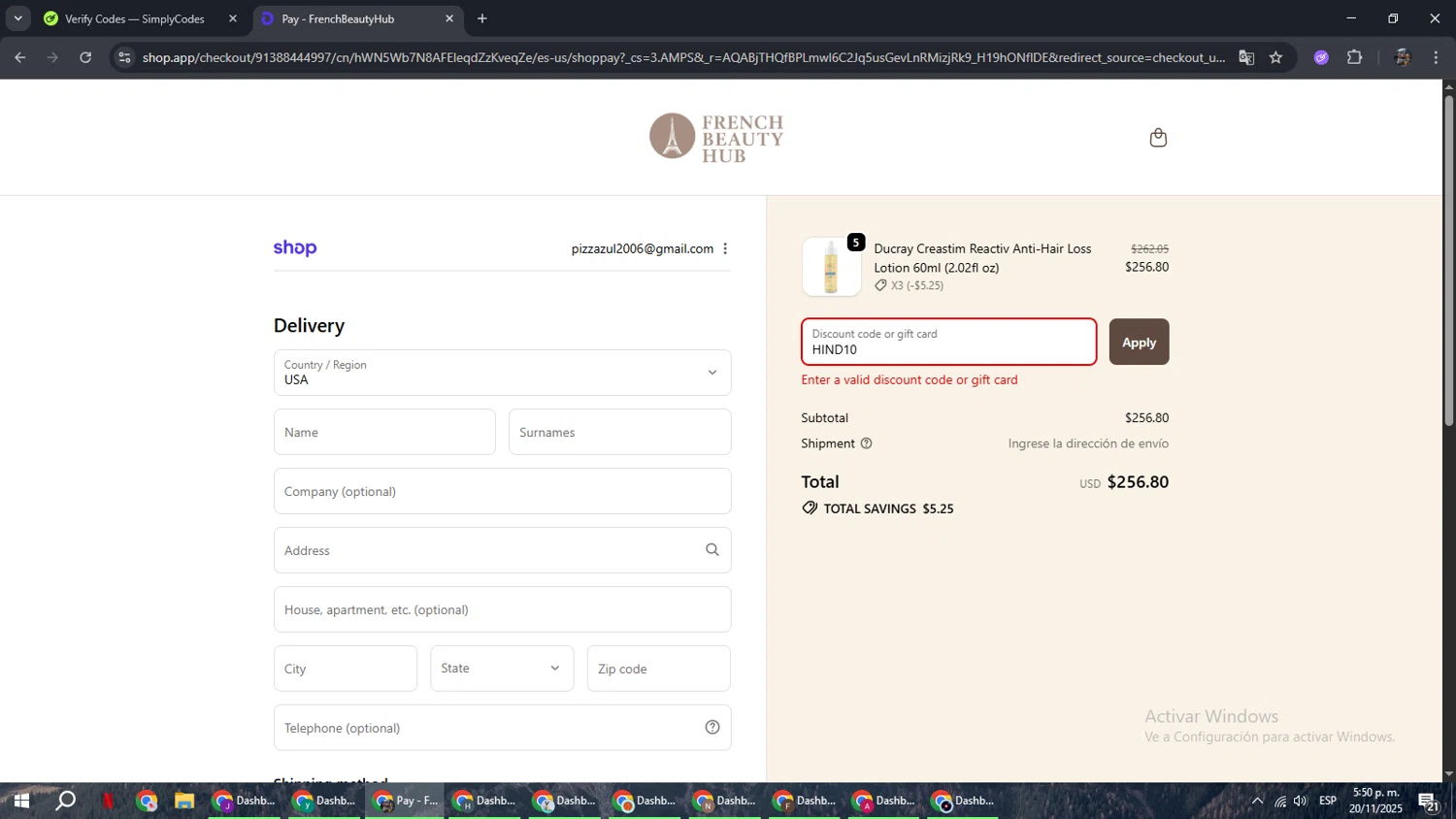 French Beauty Hub discount code screenshot showing code HIND10 applied at French Beauty Hub checkout page. Uploaded by SimplyCodes community member xxdddd on Nov 20, 2025