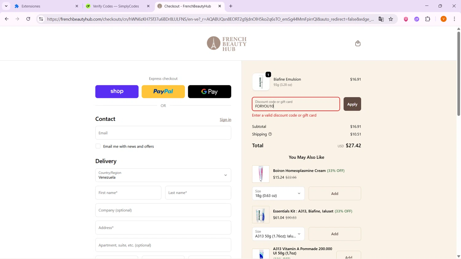 French Beauty Hub discount code screenshot showing code FORYOU10 applied at French Beauty Hub checkout page. Uploaded by SimplyCodes community member VoucherShopper4674 on Dec 29, 2025