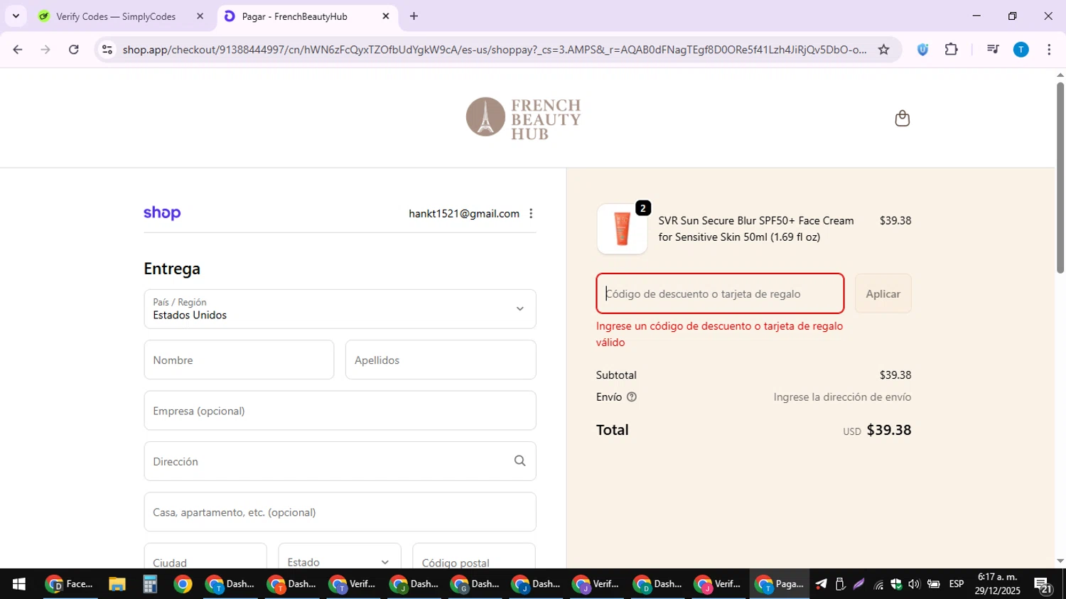 French Beauty Hub discount code screenshot showing code FORYOU10 applied at French Beauty Hub checkout page. Uploaded by SimplyCodes community member hankt1521 on Dec 29, 2025