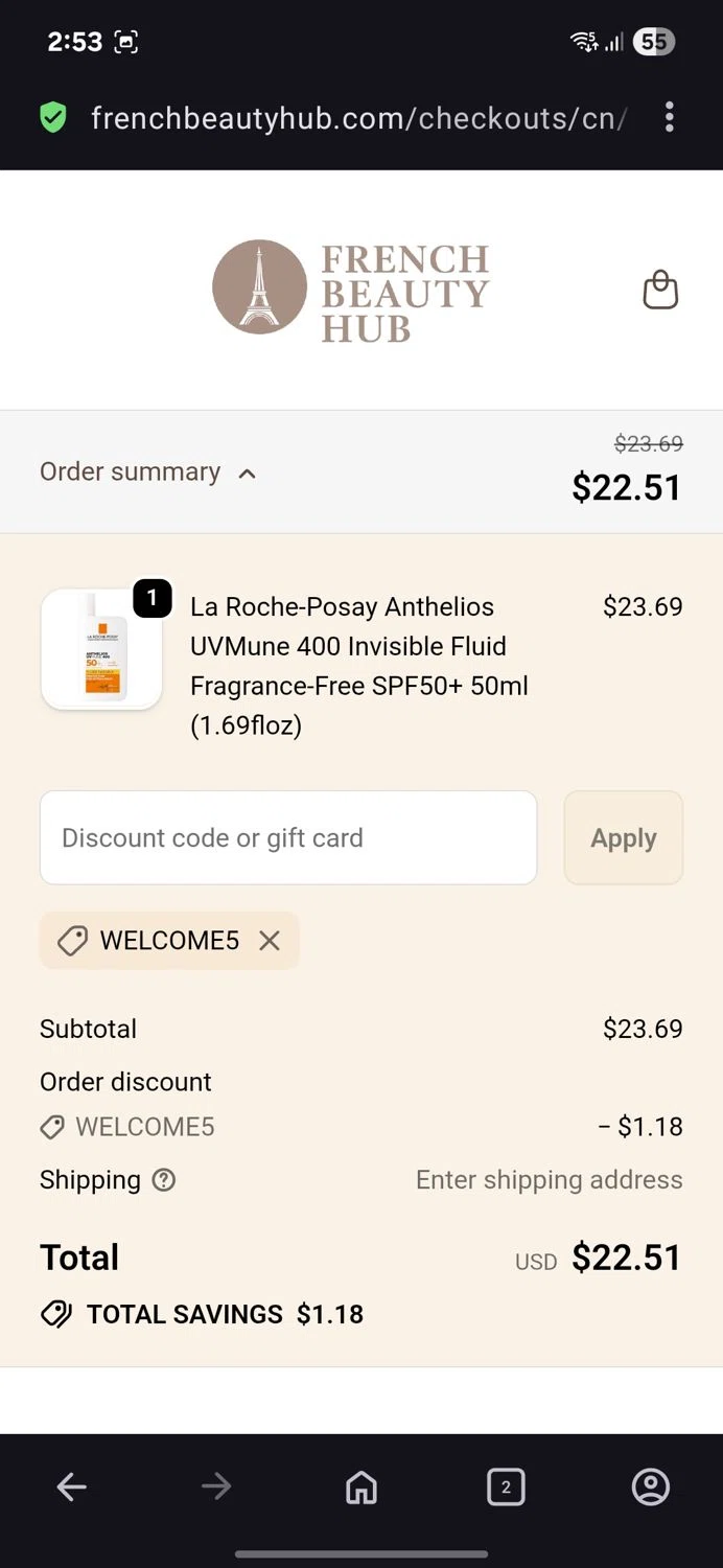 French Beauty Hub discount code screenshot showing code Welcome5 applied at French Beauty Hub checkout page. Uploaded by SimplyCodes community member BB9542251456527 on Jan 8, 2026