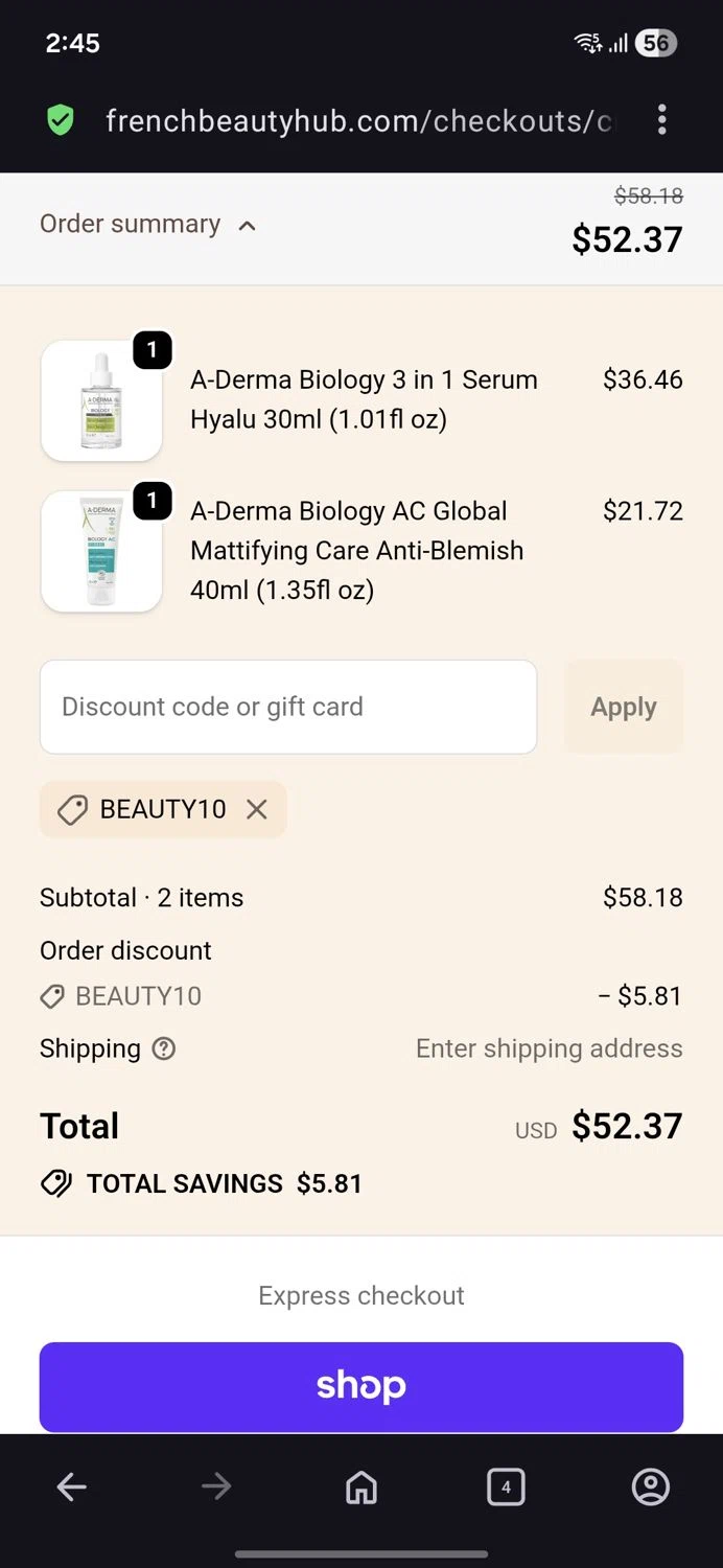 French Beauty Hub discount code screenshot showing code Beauty10 applied at French Beauty Hub checkout page. Uploaded by SimplyCodes community member BB9542251456527 on Feb 12, 2026