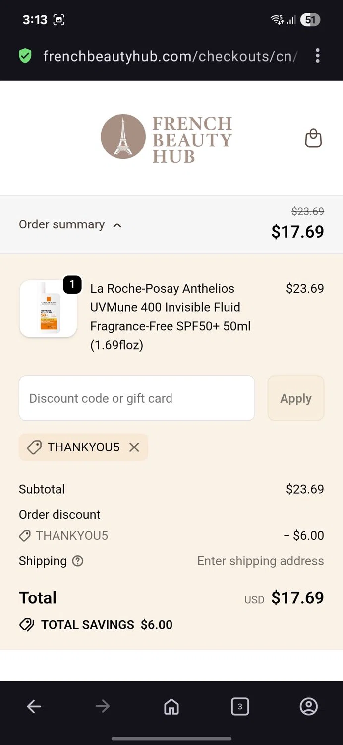 French Beauty Hub discount code screenshot showing code Thankyou5 applied at French Beauty Hub checkout page. Uploaded by SimplyCodes community member BB9542251456527 on Jan 8, 2026