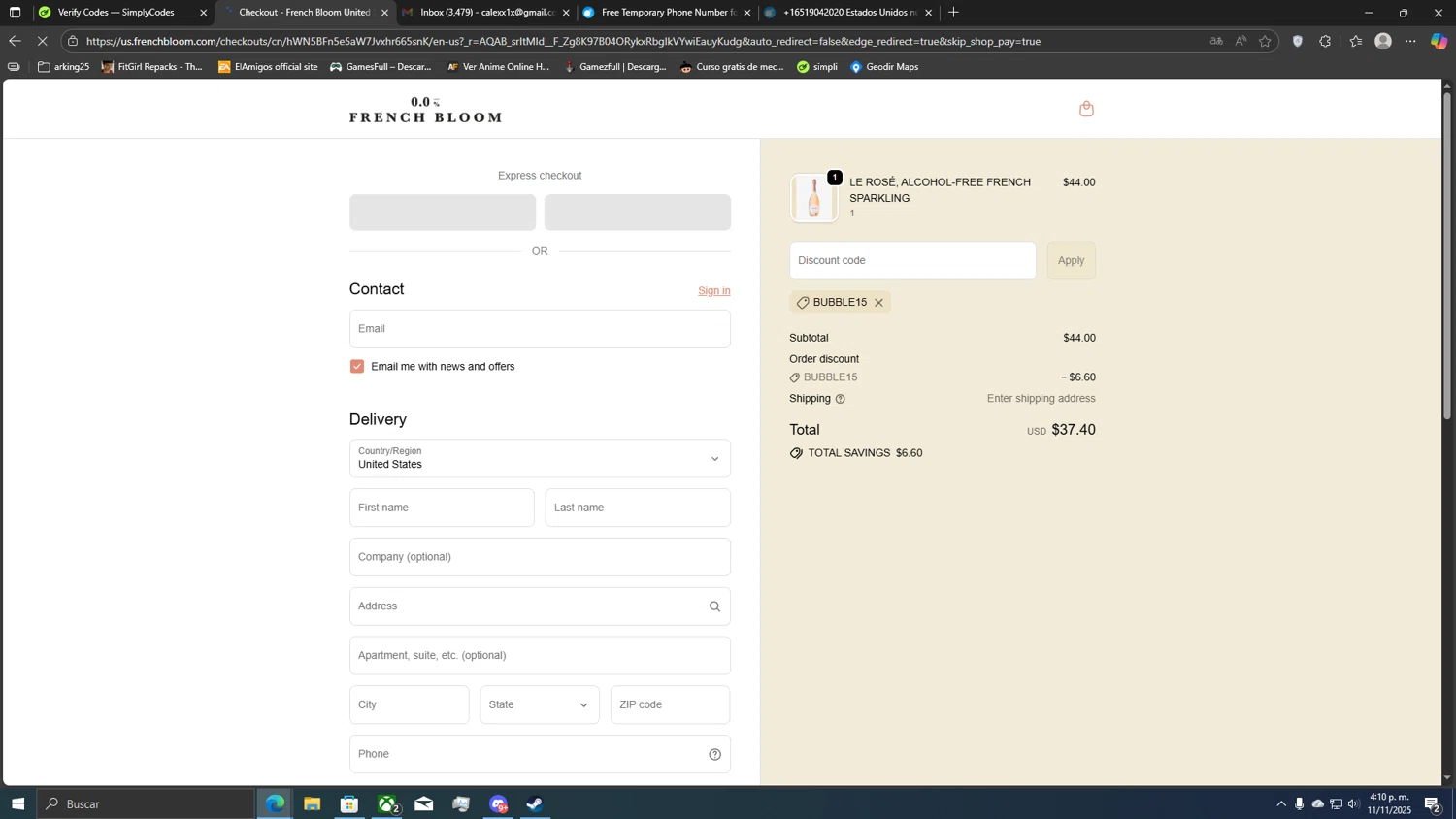 French Bloom discount code screenshot showing code BUBBLE15 applied at French Bloom checkout page. Uploaded by SimplyCodes community member CoinLegend5168 on Nov 11, 2025