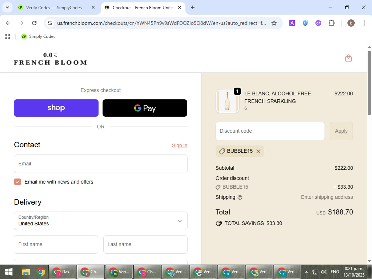 French Bloom discount code screenshot showing code BUBBLE15 applied at French Bloom checkout page. Uploaded by SimplyCodes community member RewardRanger298 on Oct 14, 2025