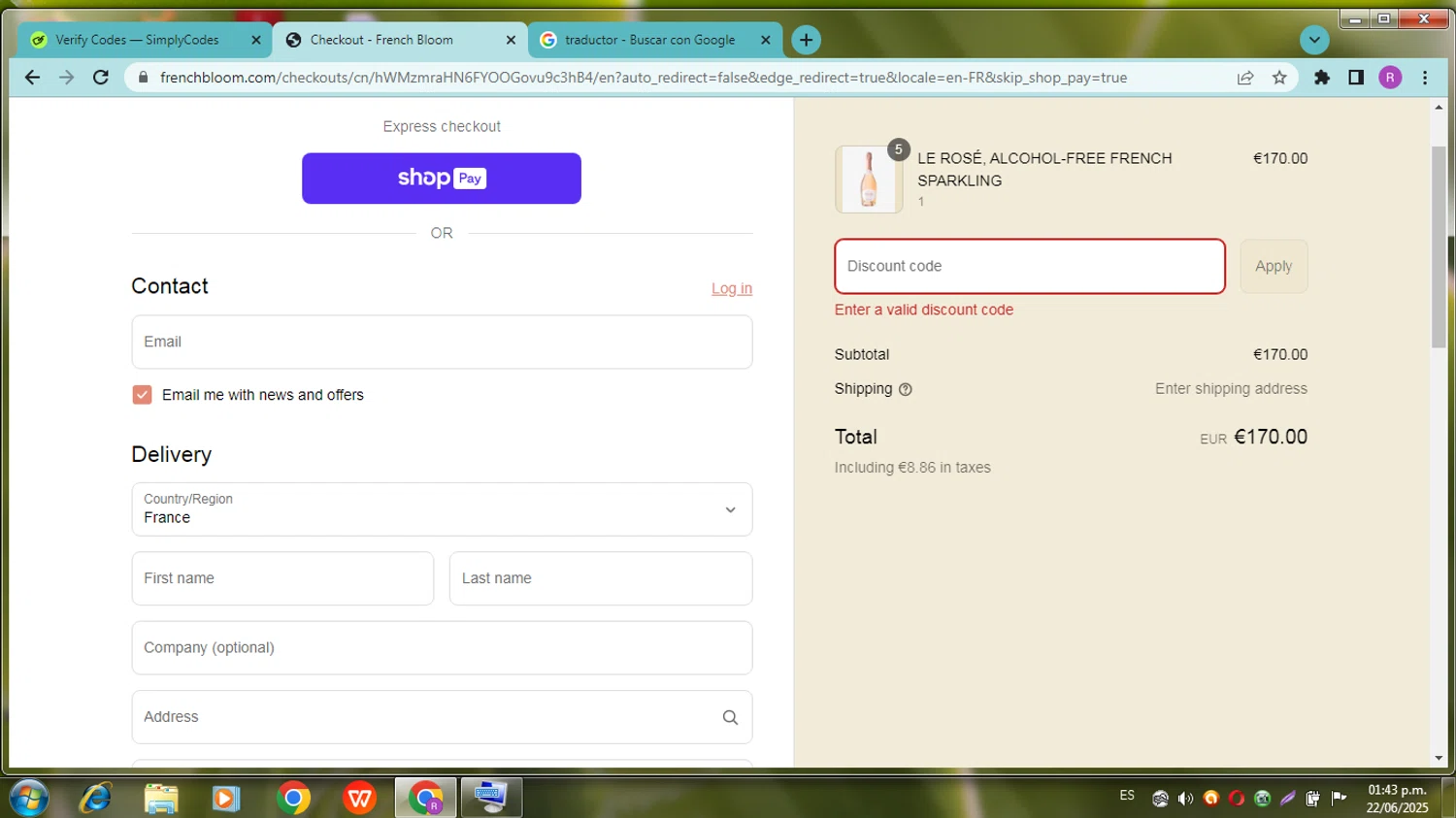 French Bloom discount code screenshot showing code WEBLOOM15 applied at French Bloom checkout page. Uploaded by SimplyCodes community member zapatoss on Jun 22, 2025