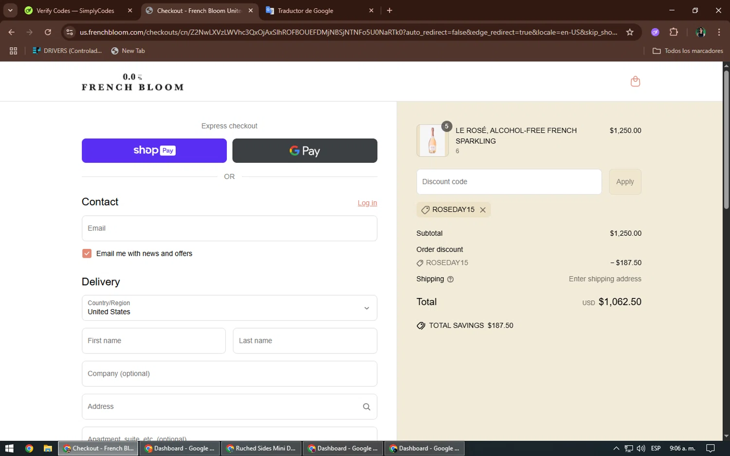 French Bloom discount code screenshot showing code ROSEDAY15 applied at French Bloom checkout page. Uploaded by SimplyCodes community member TheWizard on Jun 14, 2025
