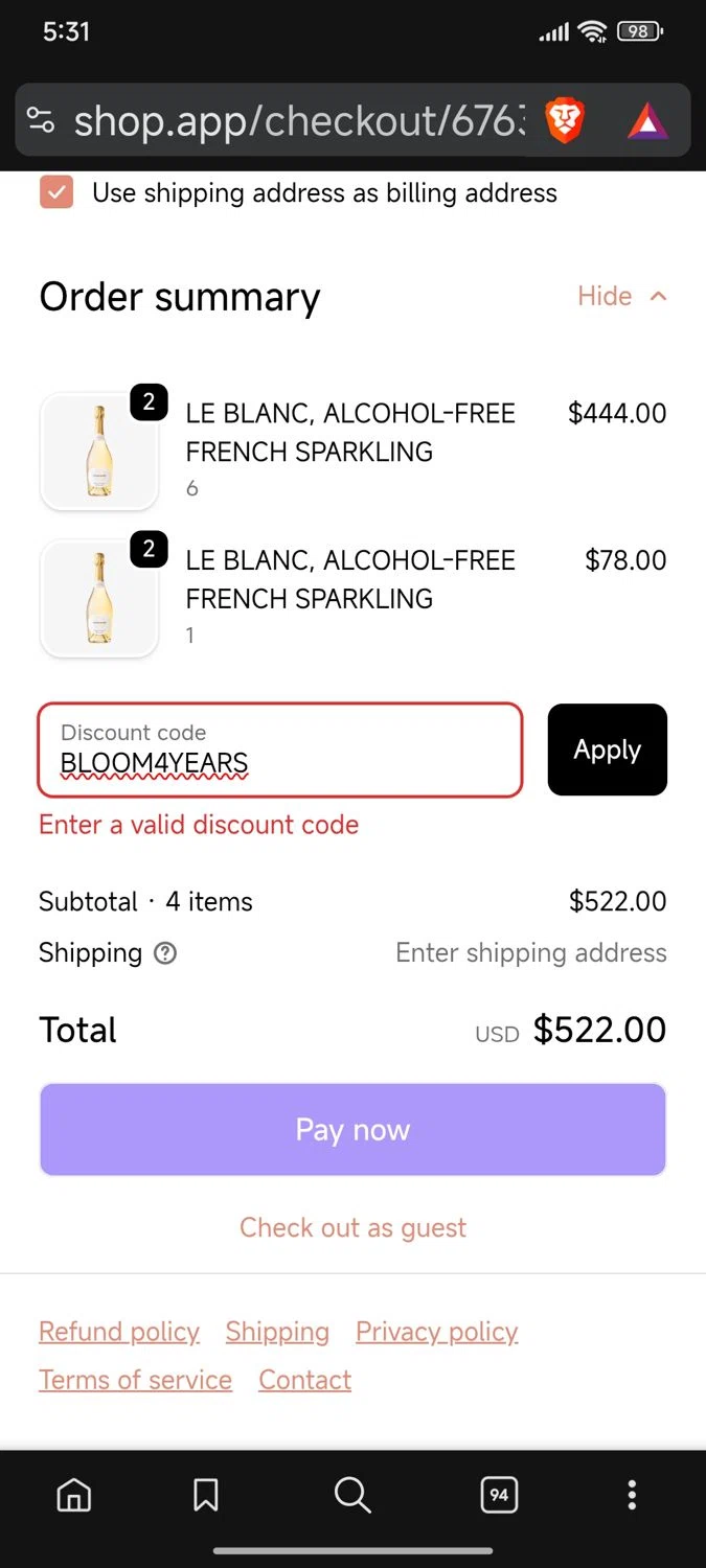 French Bloom discount code screenshot showing code BLOOM4YEARS applied at French Bloom checkout page. Uploaded by SimplyCodes community member FrugalVirtuoso6318 on Oct 15, 2025