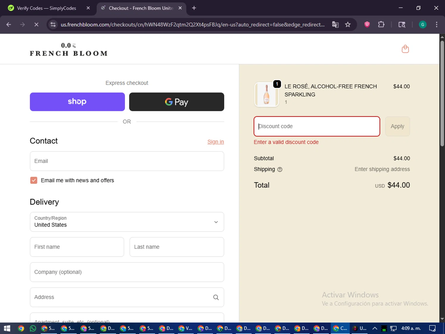 French Bloom discount code screenshot showing code BLOOM4YEARS applied at French Bloom checkout page. Uploaded by SimplyCodes community member PennyFinder5759 on Oct 15, 2025