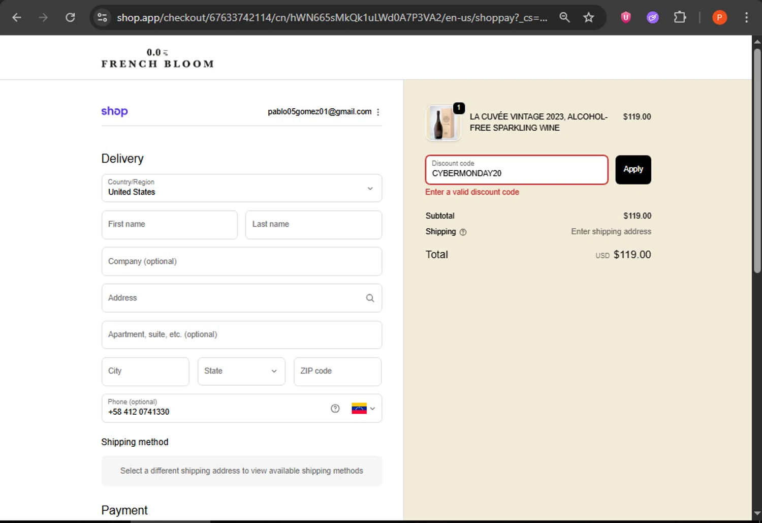 French Bloom discount code screenshot showing code CYBERMONDAY20 applied at French Bloom checkout page. Uploaded by SimplyCodes community member WonderDefender6772 on Dec 5, 2025