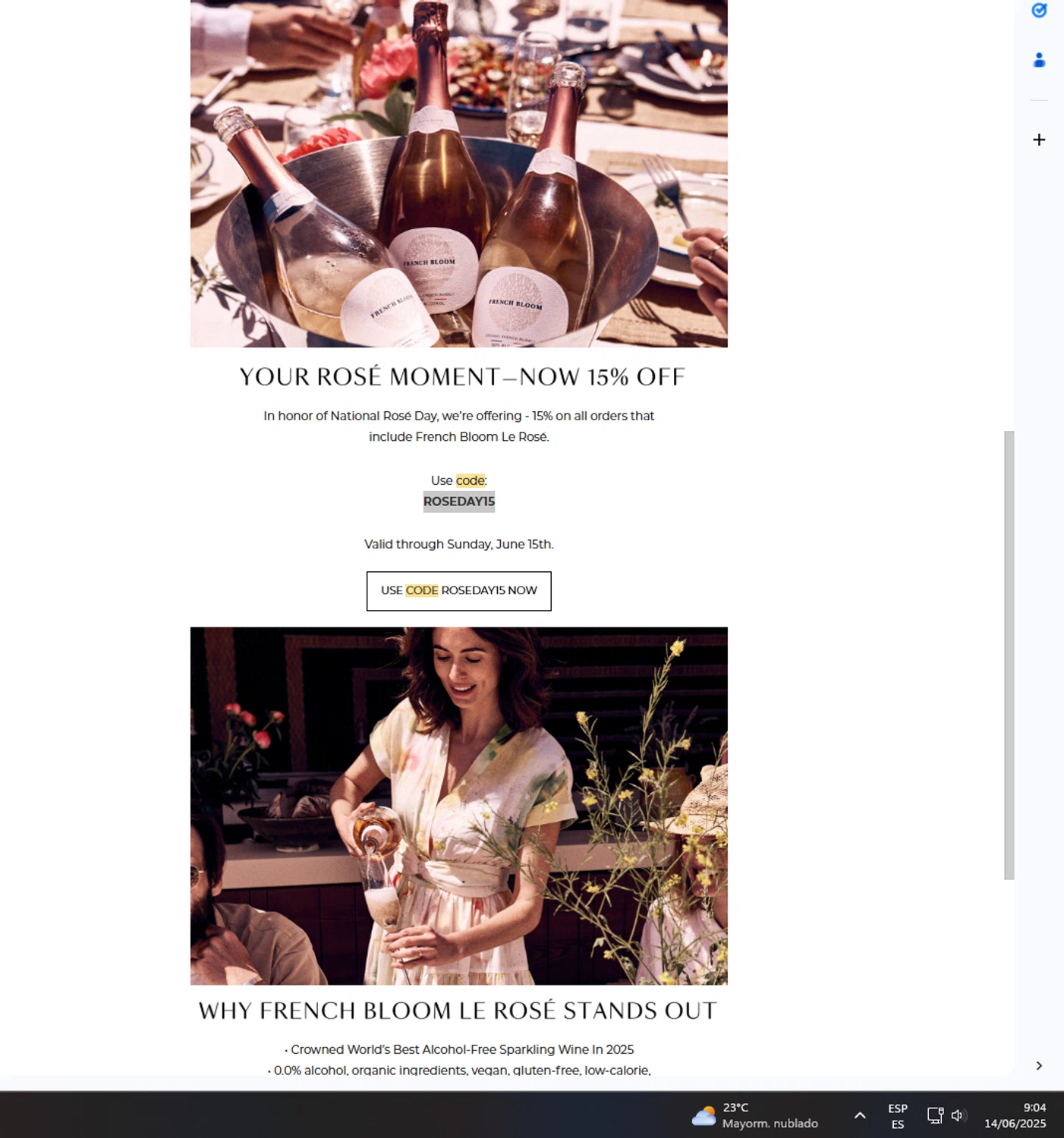 French Bloom discount code screenshot showing code ROSEDAY15 applied at French Bloom checkout page. Uploaded by SimplyCodes community member UnkNownVnzla on Jun 14, 2025