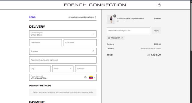 French Connection checkout page showing French Connection discount code box | Screenshot taken by SimplyCodes community member on Sep 6, 2025