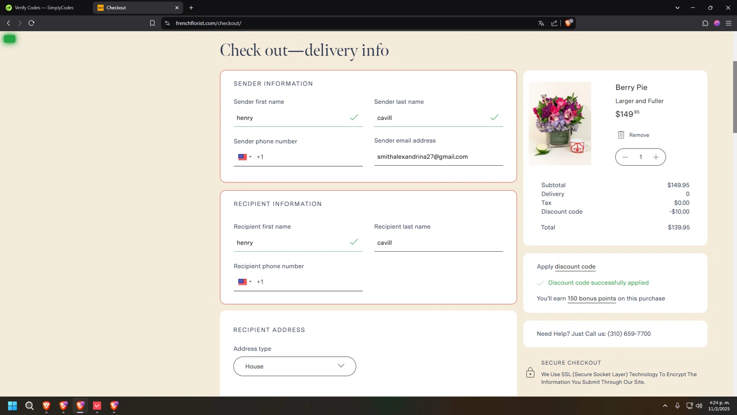 French Florist discount code screenshot showing code 10OFF applied at French Florist checkout page. Uploaded by SimplyCodes community member usercod909090 on Feb 11, 2025