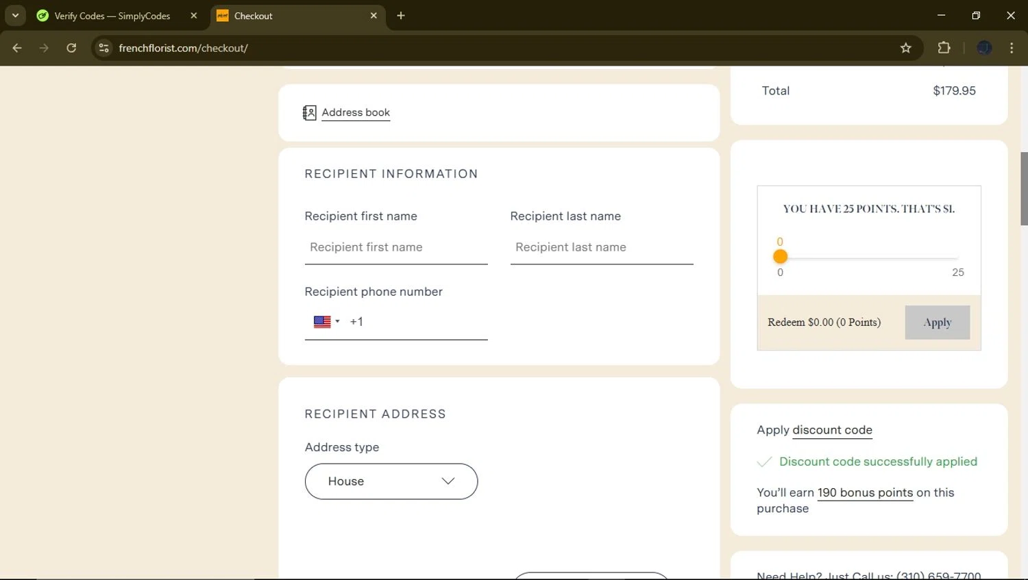 French Florist discount code screenshot showing code 10OFF applied at French Florist checkout page. Uploaded by SimplyCodes community member GloriousFinder8415 on Feb 11, 2025