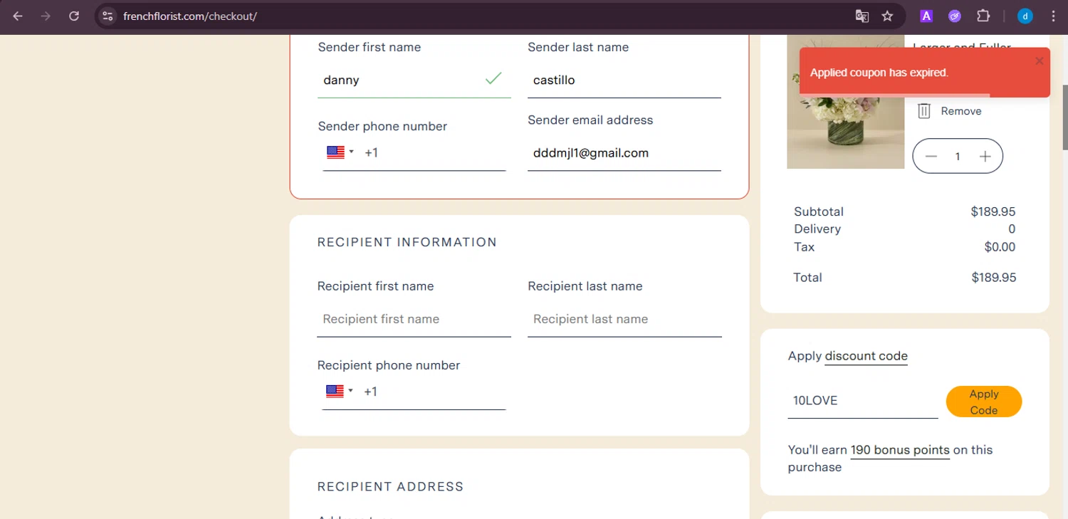French Florist discount code screenshot showing code 10LOVE applied at French Florist checkout page. Uploaded by SimplyCodes community member ShieldKnight4744 on Jan 9, 2026