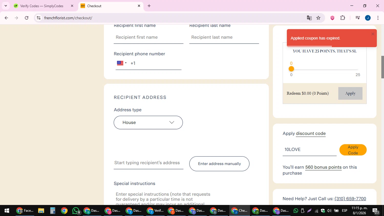 French Florist discount code screenshot showing code 10LOVE applied at French Florist checkout page. Uploaded by SimplyCodes community member noesmith34ur on Jan 9, 2026