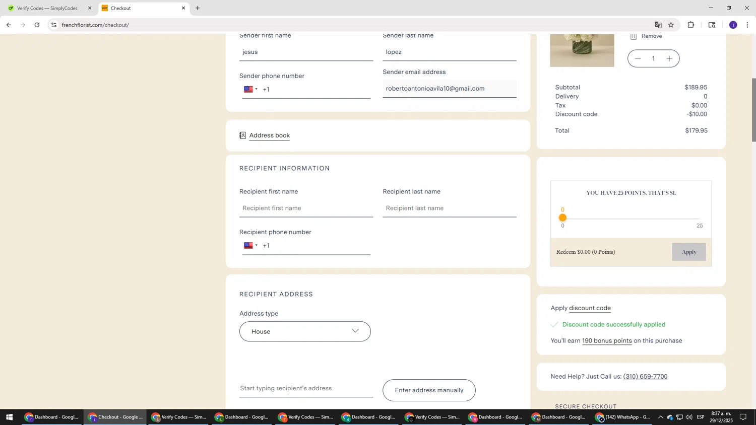French Florist discount code screenshot showing code 10LOVE applied at French Florist checkout page. Uploaded by SimplyCodes community member simplycodesssss on Dec 29, 2025