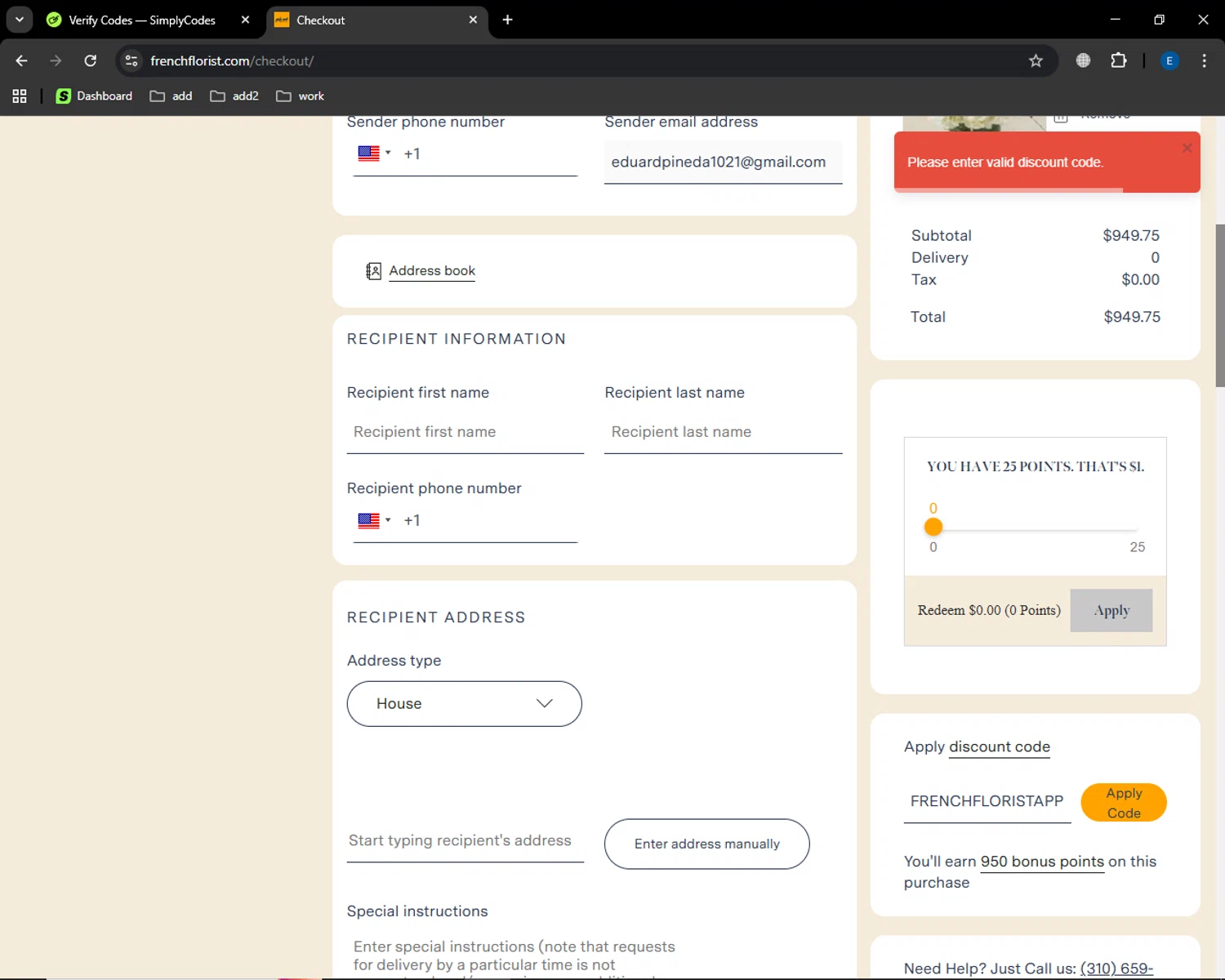 French Florist discount code screenshot showing code FRENCHFLORISTAPP applied at French Florist checkout page. Uploaded by SimplyCodes community member GoldSaver5472 on Oct 4, 2025
