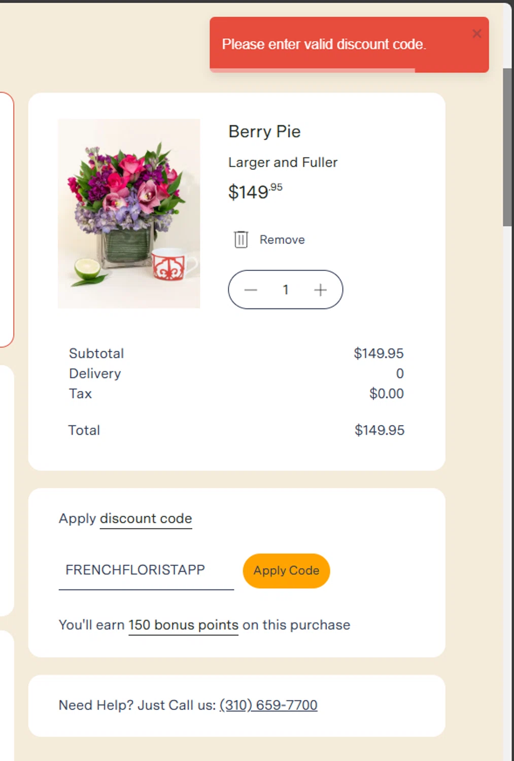French Florist discount code screenshot showing code FRENCHFLORISTAPP applied at French Florist checkout page. Uploaded by SimplyCodes community member fjkdjkldsf on Oct 4, 2025