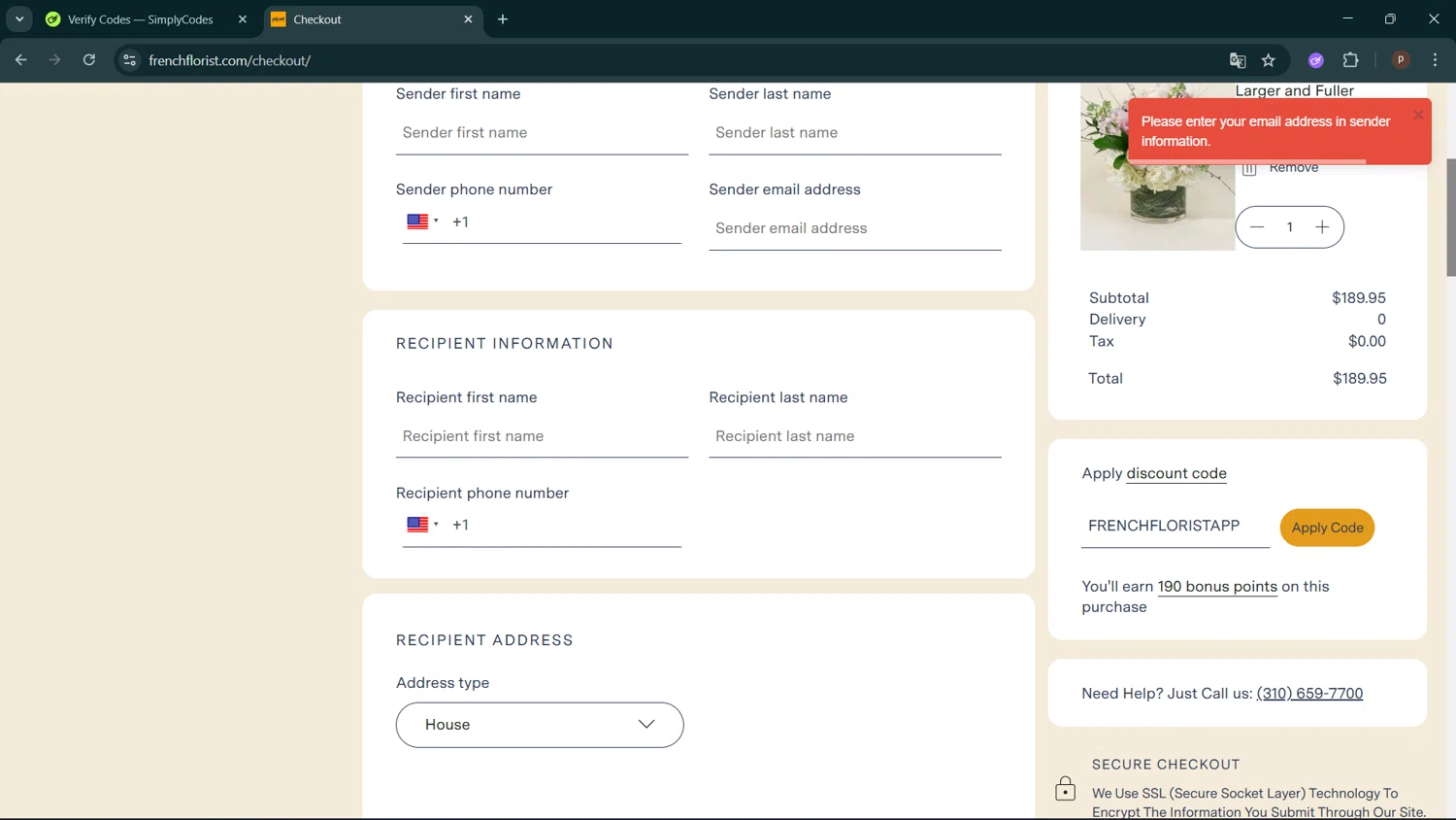 French Florist discount code screenshot showing code FRENCHFLORISTAPP applied at French Florist checkout page. Uploaded by SimplyCodes community member ShrewdPro2243 on Oct 4, 2025