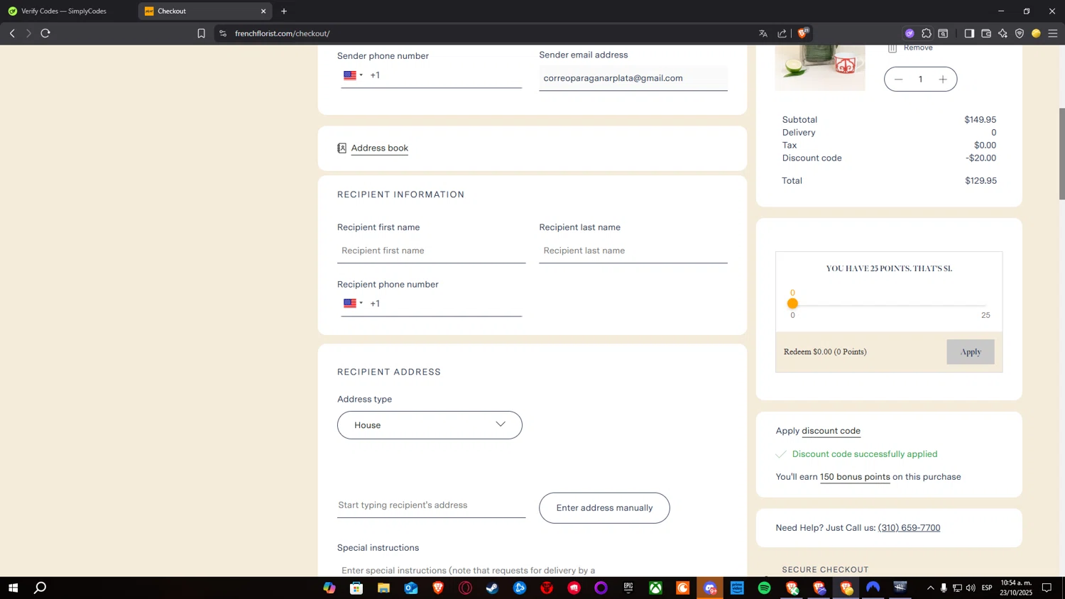 French Florist discount code screenshot showing code WELCOME20 applied at French Florist checkout page. Uploaded by SimplyCodes community member RickelHumilde on Oct 23, 2025