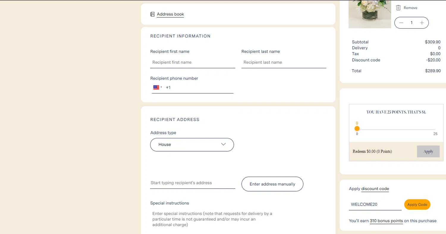 French Florist discount code screenshot showing code WELCOME20 applied at French Florist checkout page. Uploaded by SimplyCodes community member ashe1986 on Oct 23, 2025