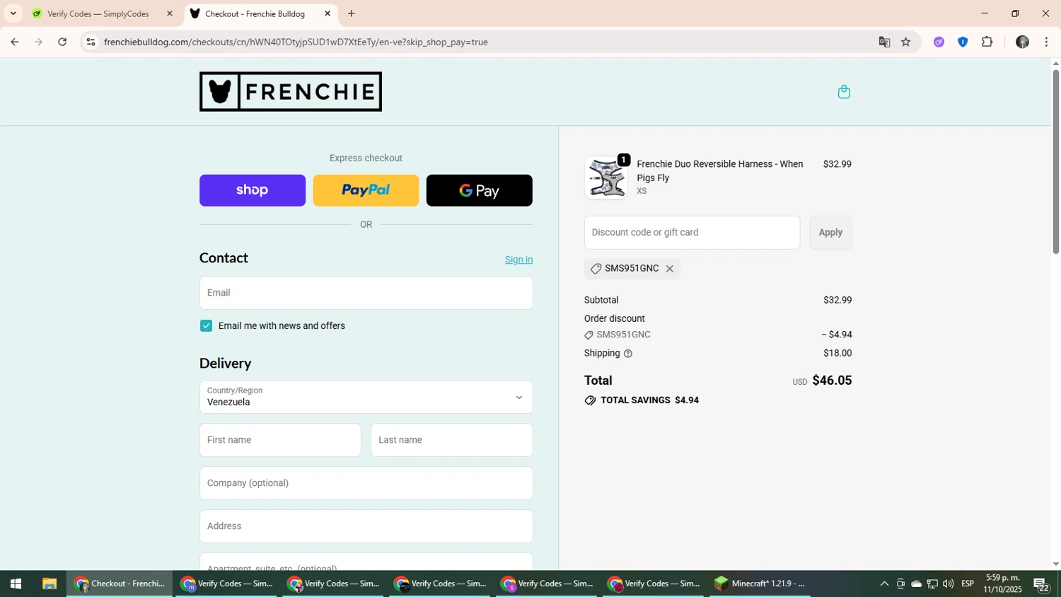 Frenchie Bulldog discount code screenshot showing code SMS951GNC applied at Frenchie Bulldog checkout page. Uploaded by SimplyCodes community member CleverLynx6871 on Oct 11, 2025