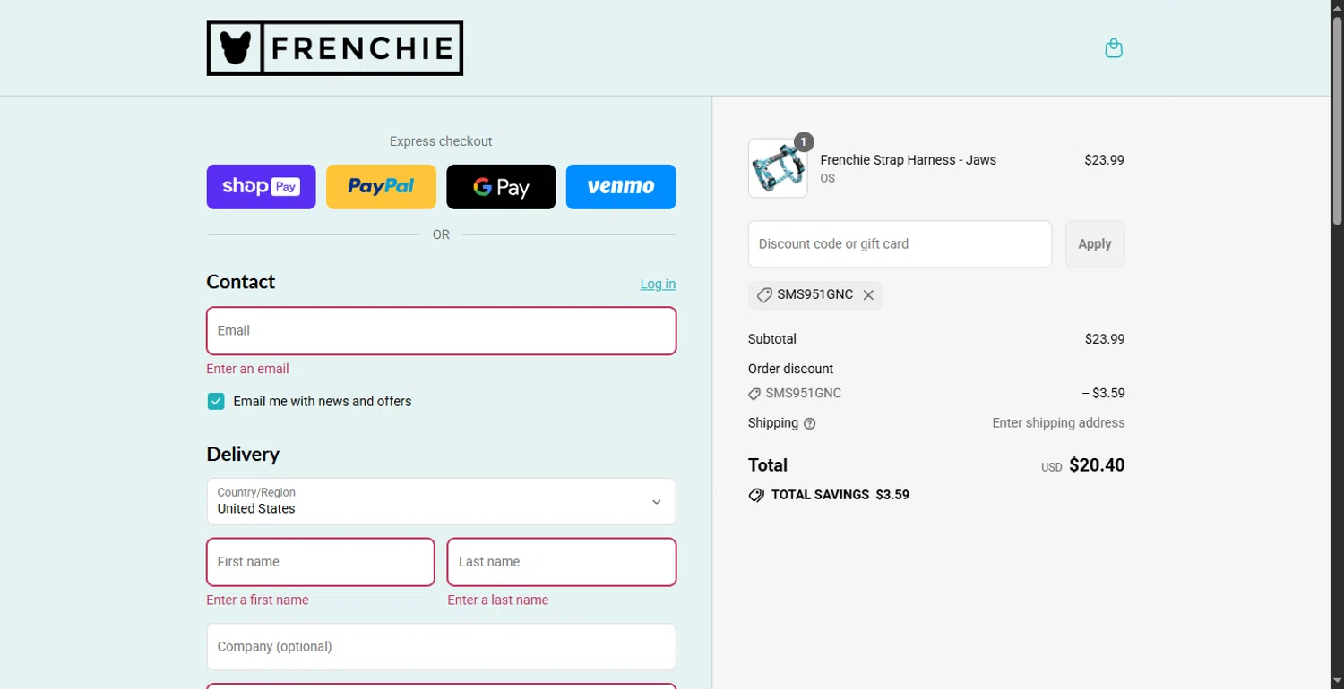 Frenchie Bulldog discount code screenshot showing code SMS951GNC applied at Frenchie Bulldog checkout page. Uploaded by SimplyCodes community member SavvyHawk1474 on Aug 18, 2025