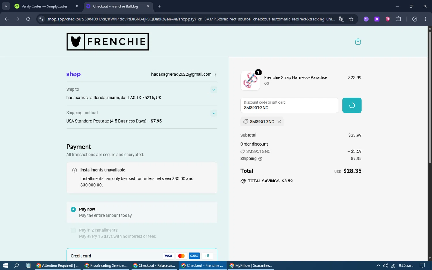 Frenchie Bulldog discount code screenshot showing code SMS951GNC applied at Frenchie Bulldog checkout page. Uploaded by SimplyCodes community member bombom on Oct 28, 2025