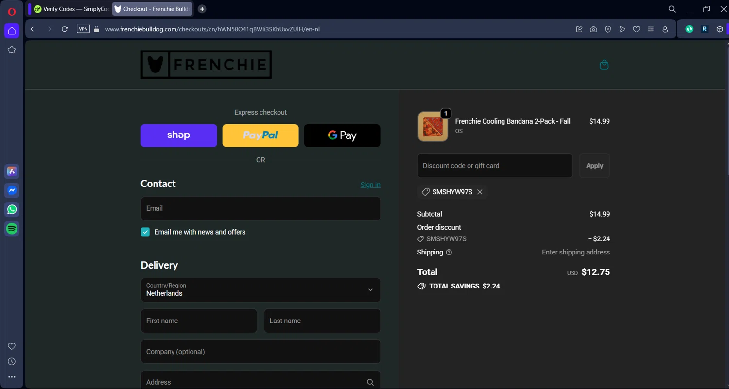 Frenchie Bulldog discount code screenshot showing code SMSHYW97S applied at Frenchie Bulldog checkout page. Uploaded by SimplyCodes community member DiscountSleuth2229 on Nov 10, 2025