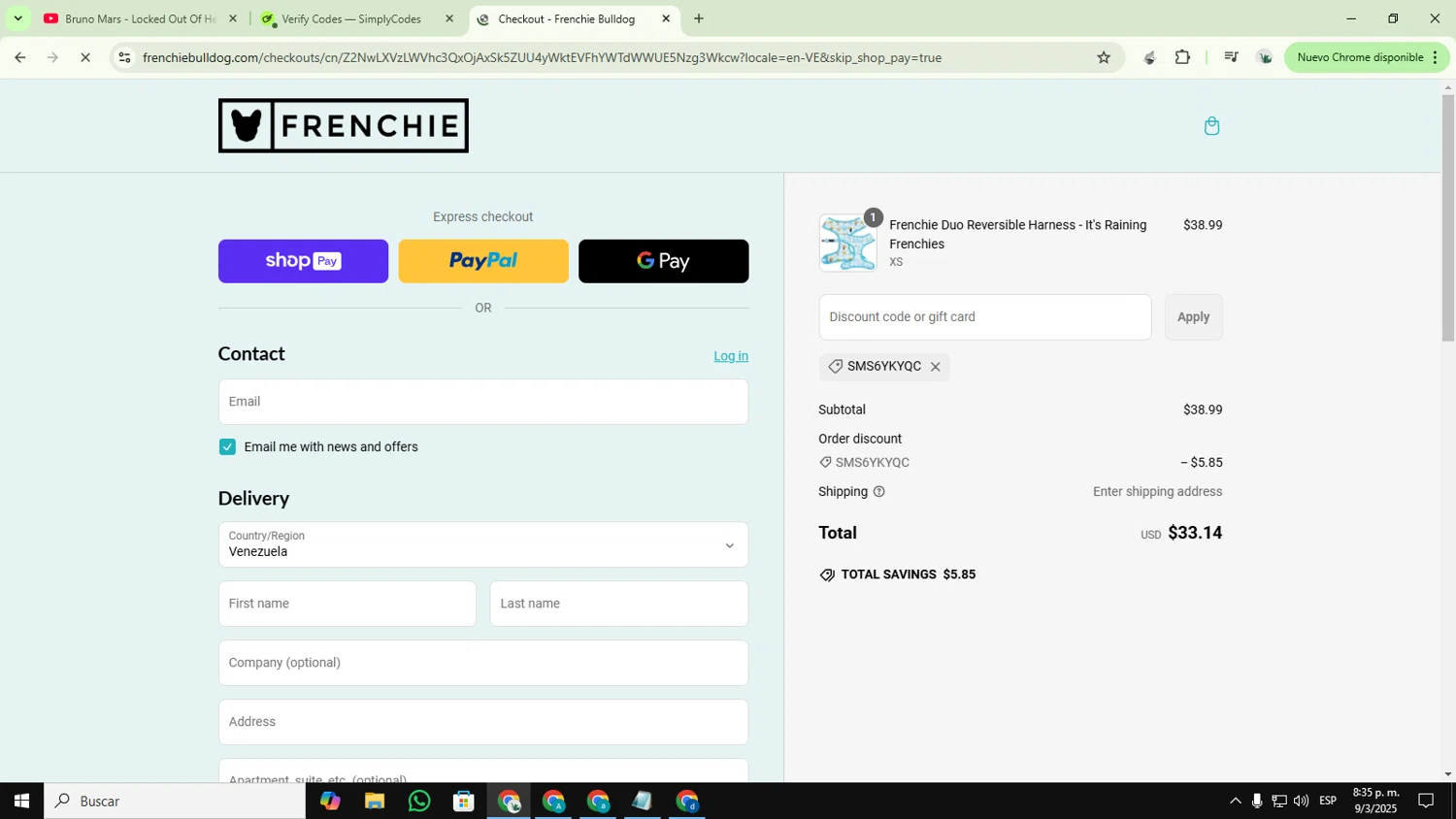 Frenchie Bulldog discount code screenshot showing code SMS6YKYQC applied at Frenchie Bulldog checkout page. Uploaded by SimplyCodes community member YUPITAISON on Mar 10, 2025