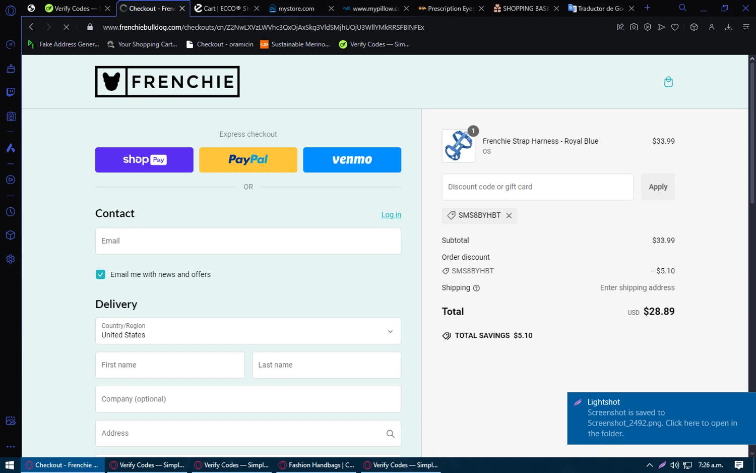 Frenchie Bulldog discount code screenshot showing code SMS8BYHBT applied at Frenchie Bulldog checkout page. Uploaded by SimplyCodes community member Kurokenshi on Jan 10, 2025