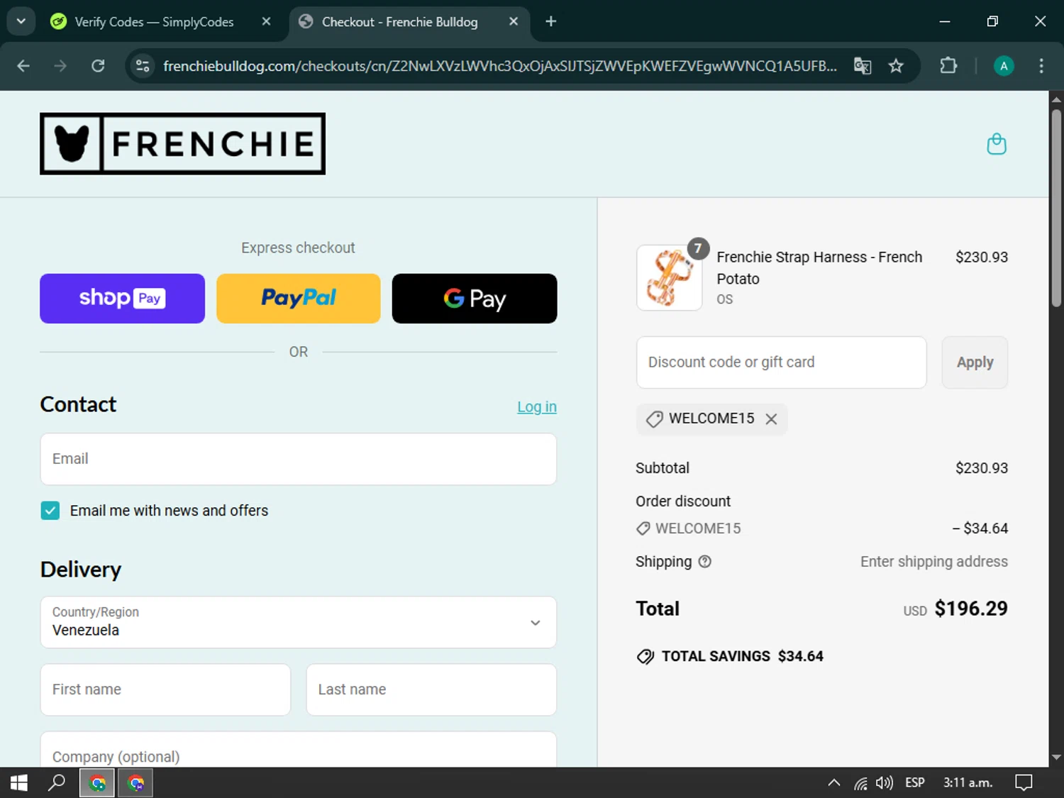 Frenchie Bulldog discount code screenshot showing code Welcome15 applied at Frenchie Bulldog checkout page. Uploaded by SimplyCodes community member brianoconner on Apr 14, 2025