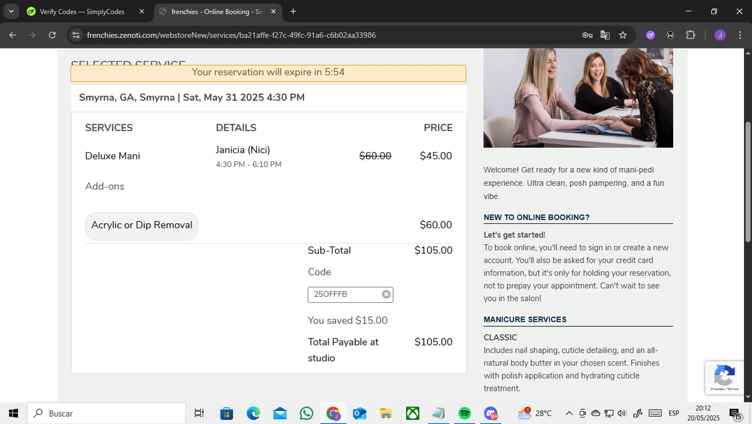 Frenchies Modern Nail Care checkout page showing Frenchies Modern Nail Care promo code box | Screenshot taken by SimplyCodes community member on May 21, 2025