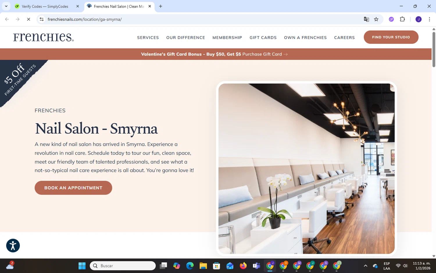 Frenchies Modern Nail Care promo code screenshot showing code 25OFFFB applied at Frenchies Modern Nail Care checkout page. Uploaded by SimplyCodes community member ExtraordinaryWizard9697 on Feb 1, 2026
