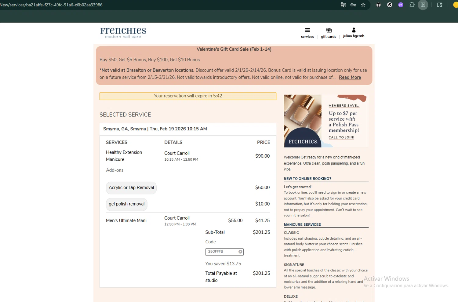 Frenchies Modern Nail Care promo code screenshot showing code 25OFFFB applied at Frenchies Modern Nail Care checkout page. Uploaded by SimplyCodes community member Jmhernand1 on Feb 1, 2026