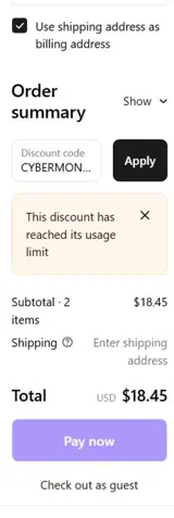 CYBERMONDAY25 coupon verification screenshot