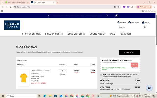 French Toast checkout page showing French Toast coupon code box | Screenshot taken by SimplyCodes community member on Aug 21, 2025
