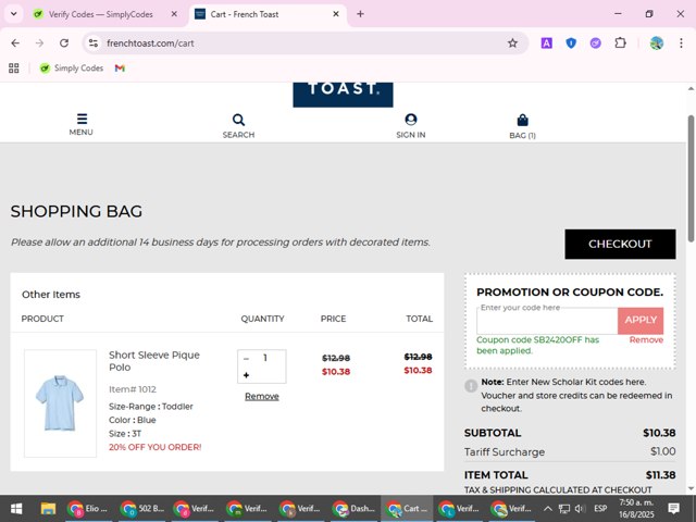 French Toast checkout page showing French Toast coupon code box | Screenshot taken by SimplyCodes community member on Aug 16, 2025