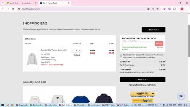 French Toast checkout page showing French Toast coupon code box | Screenshot taken by SimplyCodes community member on Aug 9, 2025