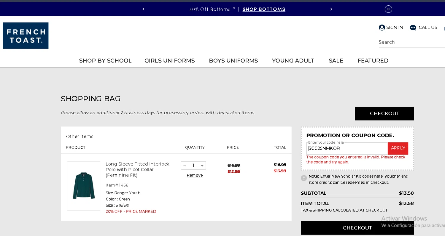 French Toast promo code screenshot showing code SCC25NMKOR applied at French Toast checkout page. Uploaded by SimplyCodes community member Gaby04 on Apr 3, 2026